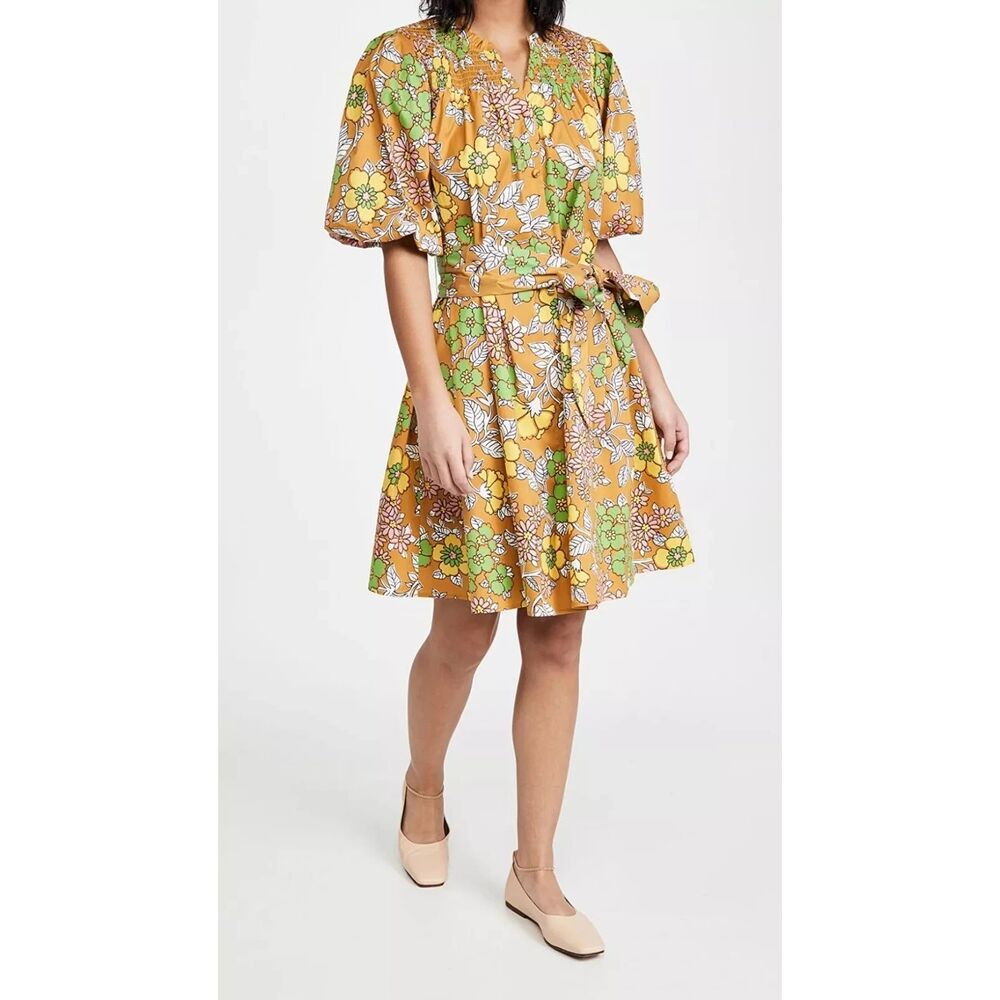 TORY BURCH Wallpaper Floral Puff Sleeve Mini Dress, Dijon, Size M, NO WAIST TIE